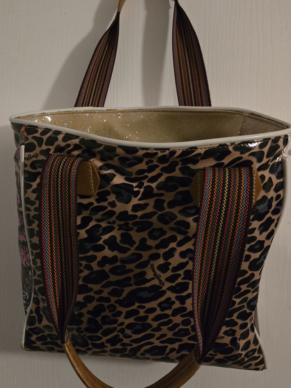 Consuela Leopard-Print Tote with Multicolor Striped Handles - Picture 1 of 4